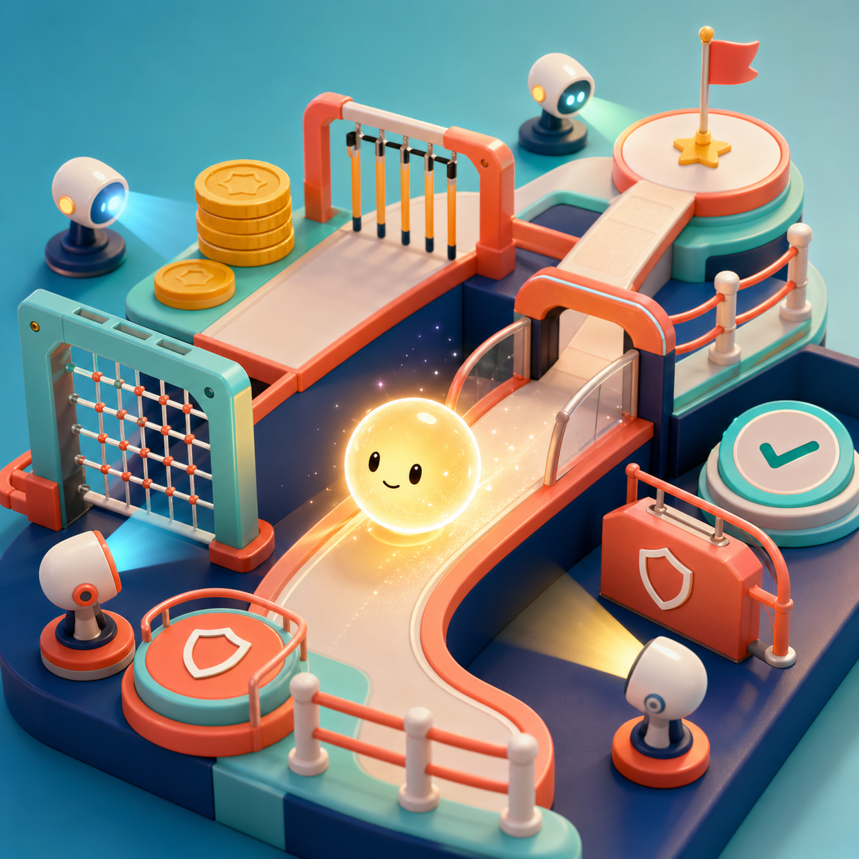 A playful obstacle course representing AI answers passing through constraint checks.