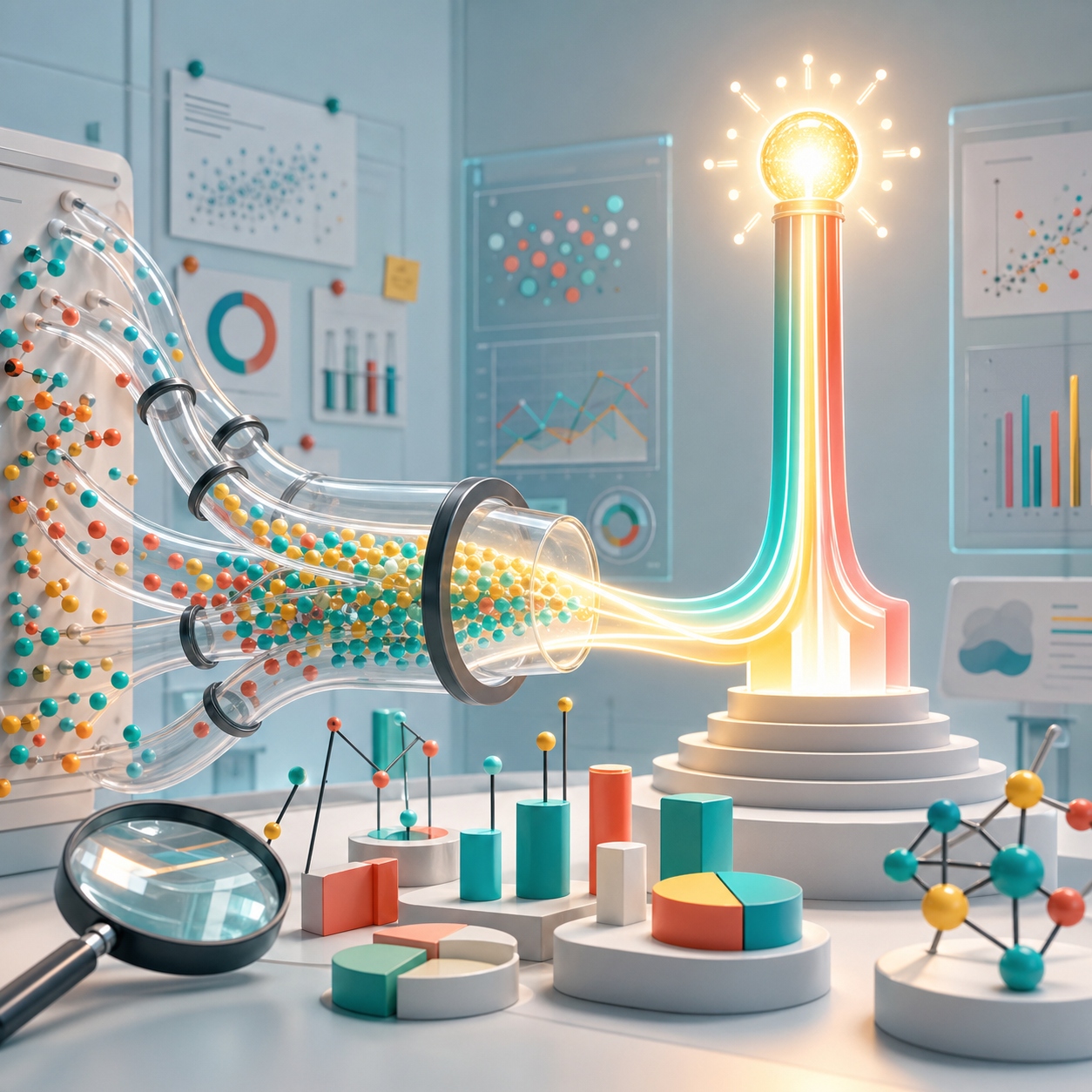 A friendly research scene where data points become a clear insight signal.